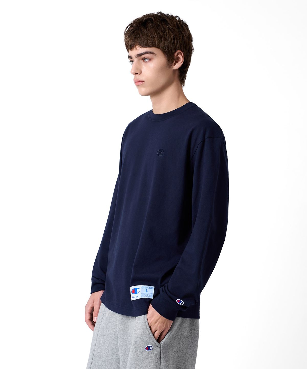 챔피온(CHAMPION) C로고 오버핏 조그택 롱슬리브 티셔츠 Navy