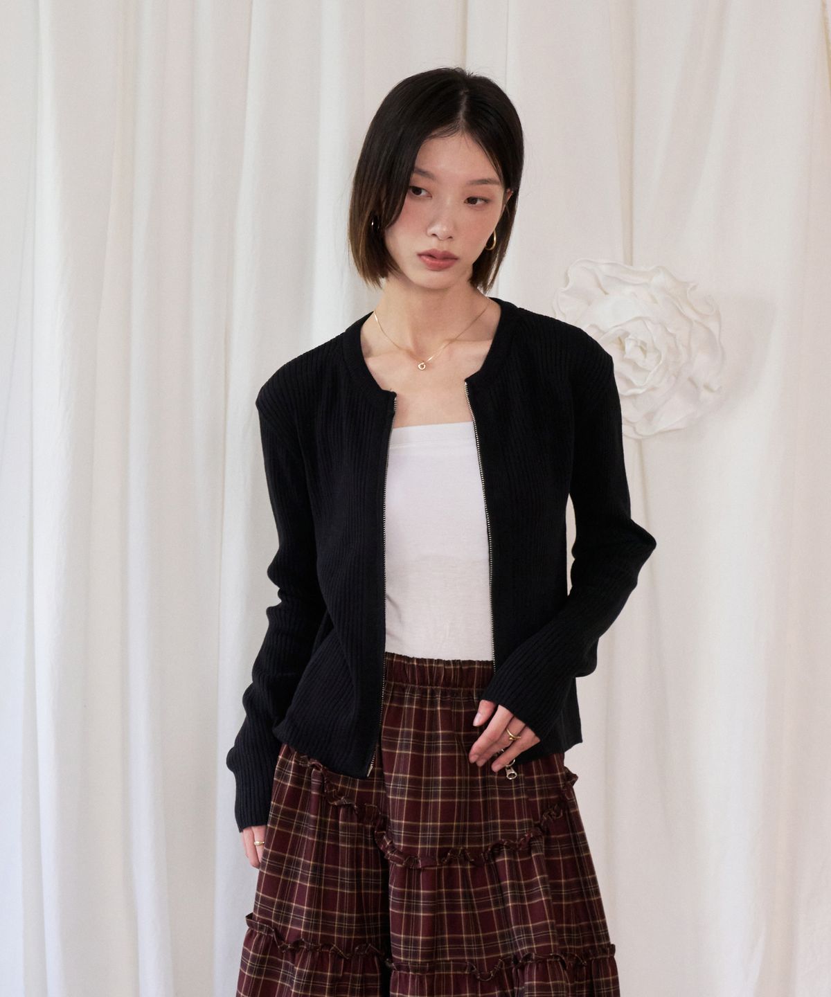 블레티(VLETI) Ribbed Two-way zip up Cardigan (Black)