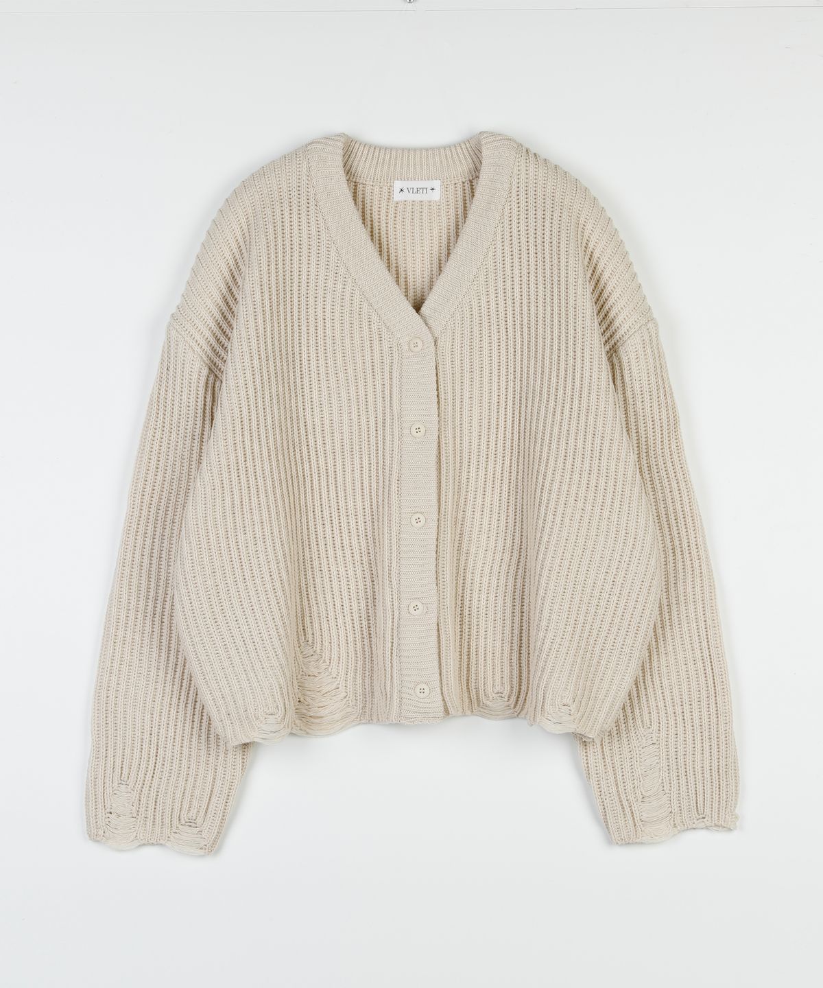 블레티(VLETI) Wool V-neck Damage Knit Cardigan (Ivory)