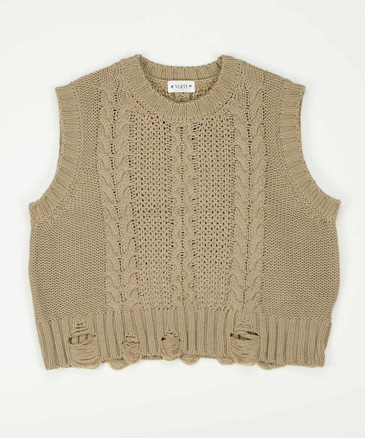 블레티(VLETI) Wool Cable Damage Knit Vest (Beige)