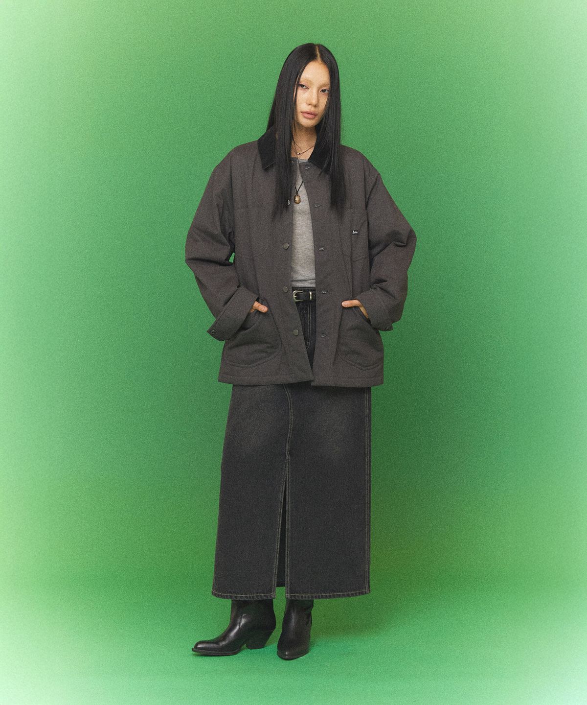 리(LEE) 우먼 데님 롱 스커트 다크그레이