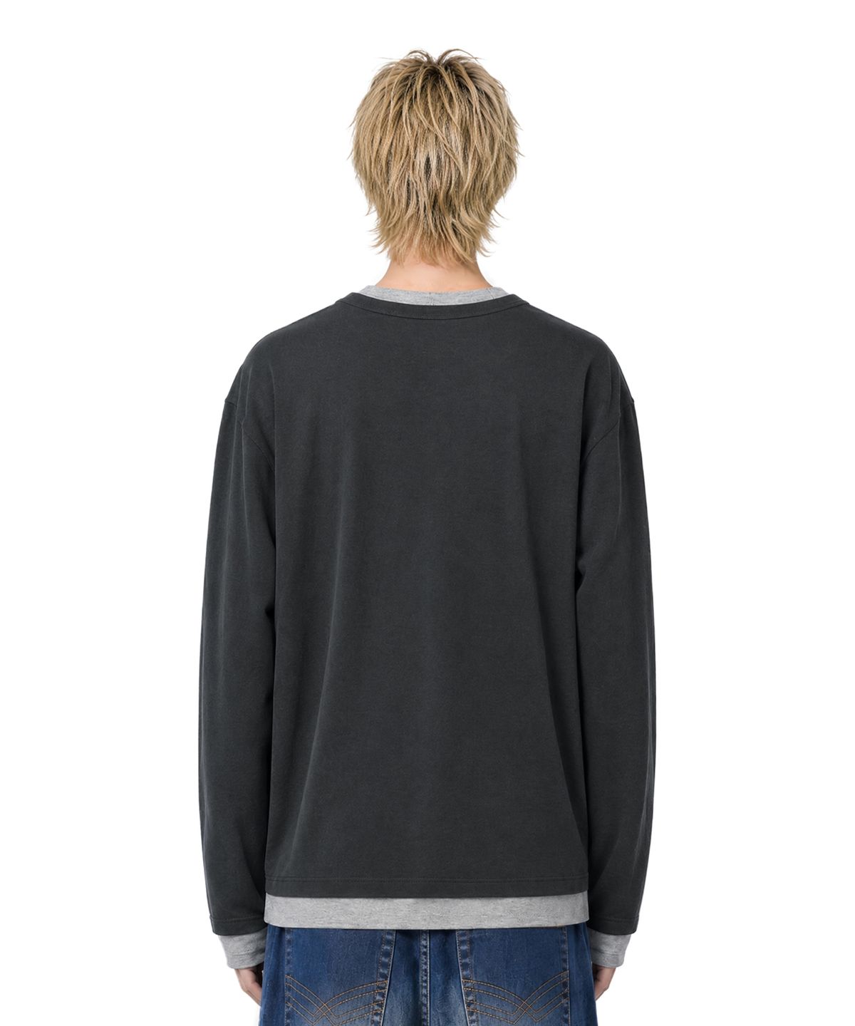 아이돈워너셀(IDWS) Layered Henley Neck Long Sleeve Charcoal