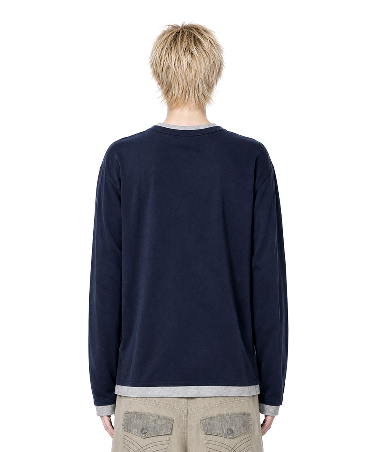 아이돈워너셀(IDWS) Layered Henley Neck Long Sleeve Navy