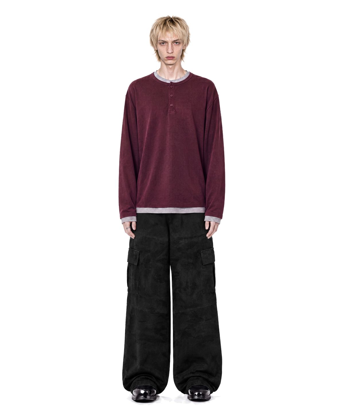 아이돈워너셀(IDWS) Layered Henley Neck Long Sleeve Burgundy
