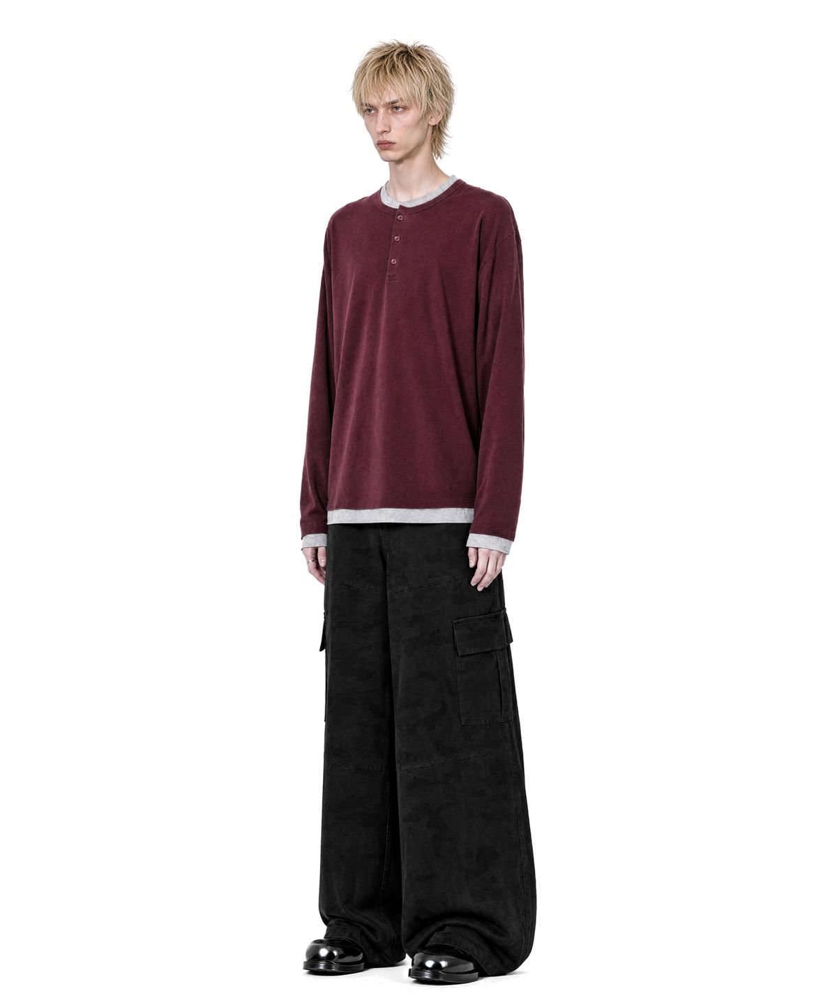 아이돈워너셀(IDWS) Layered Henley Neck Long Sleeve Burgundy