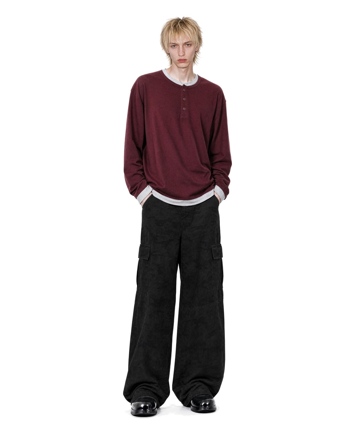 아이돈워너셀(IDWS) Layered Henley Neck Long Sleeve Burgundy