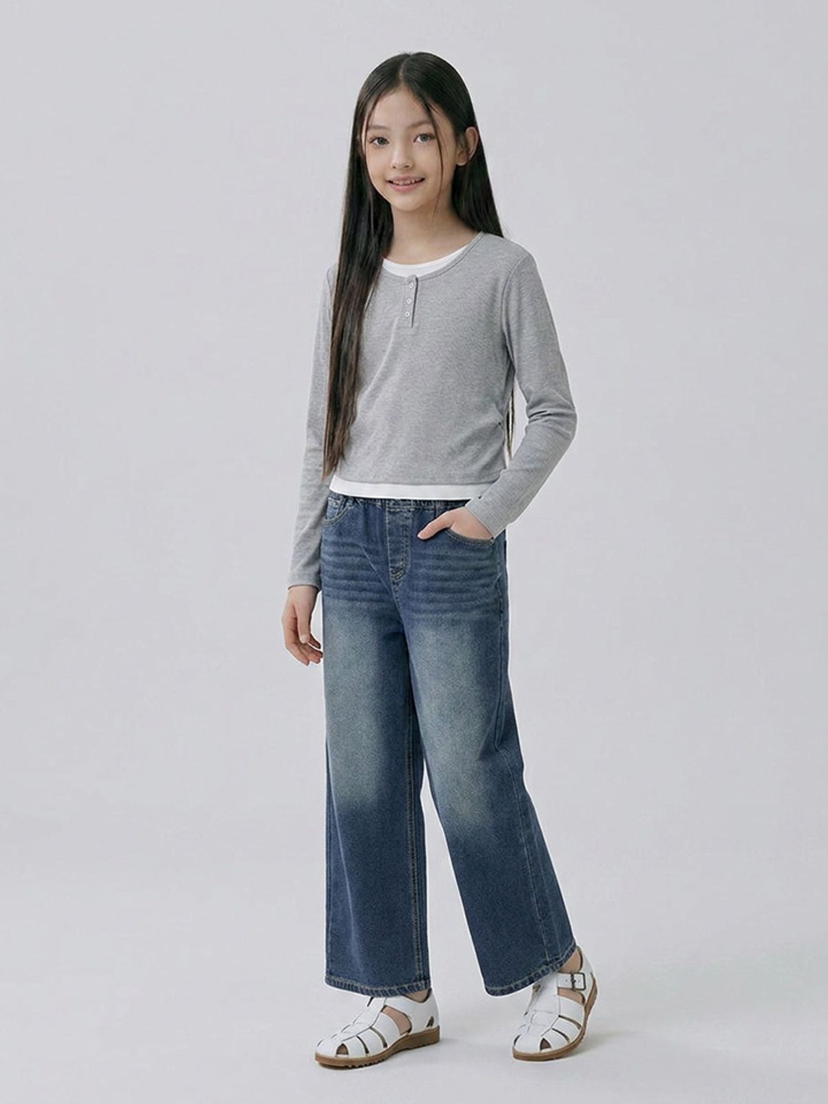행텐 틴즈(HANGTEN TEENS) 틴즈 여아 스판 사이드 턱 와이드 데님팬츠_244(14580-155-603-10)