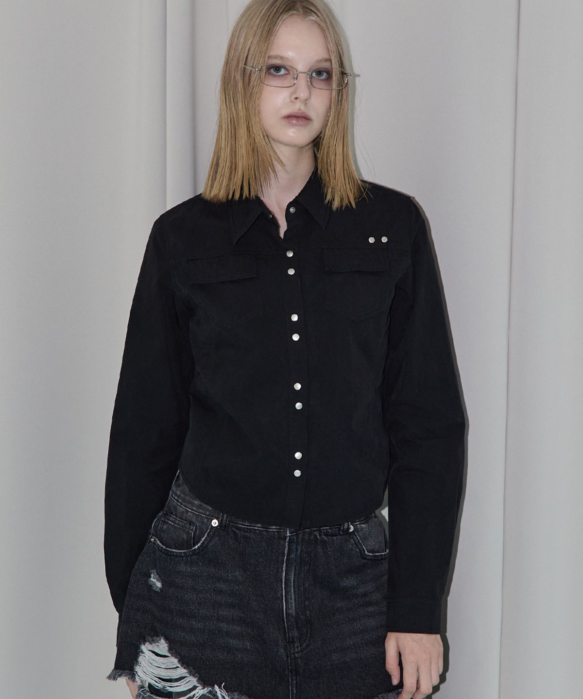 렌세(RENSE) Washed Snap Shirt Black