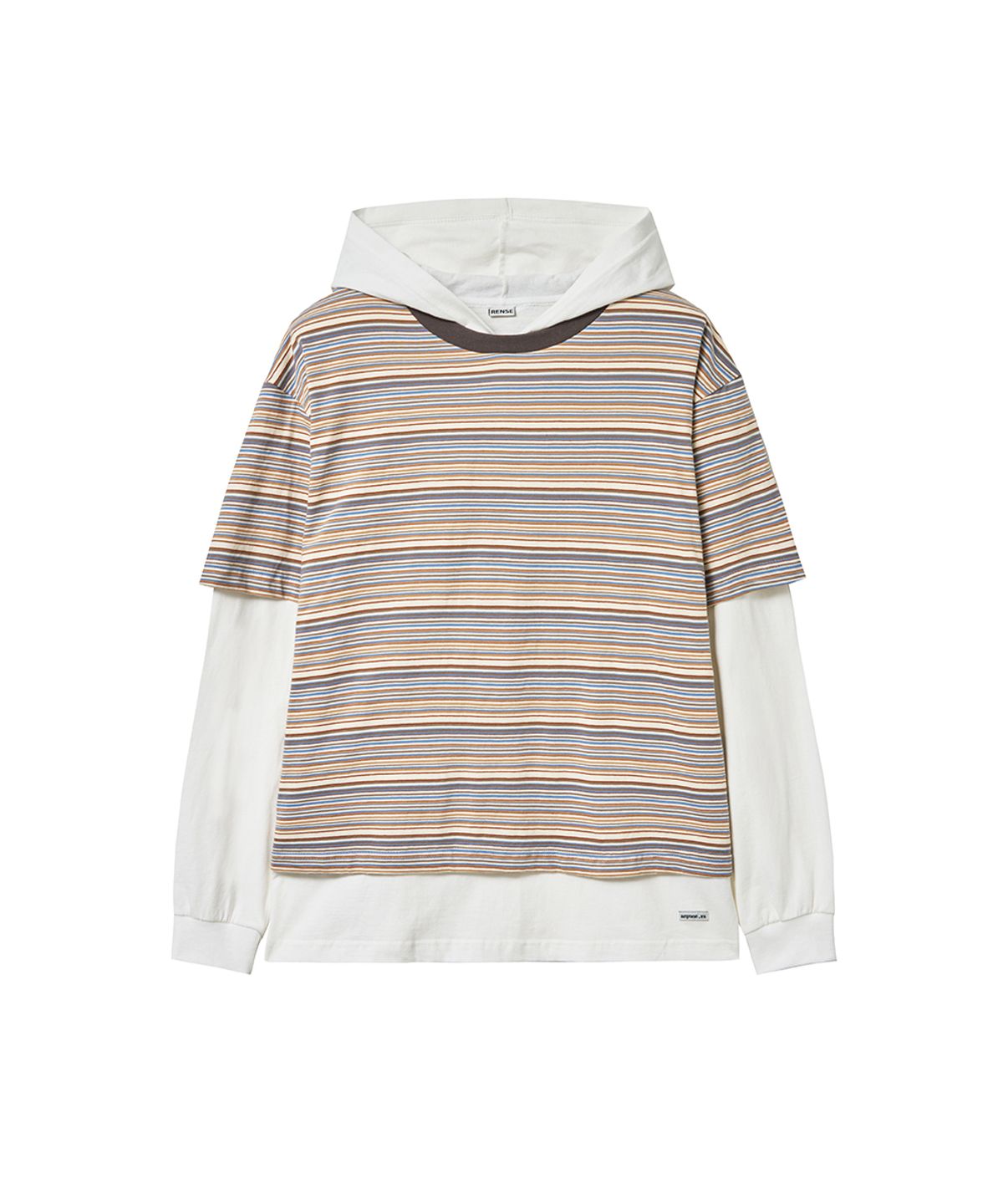 렌세(RENSE) Oversized Stripe Layered Hood Tee Beige