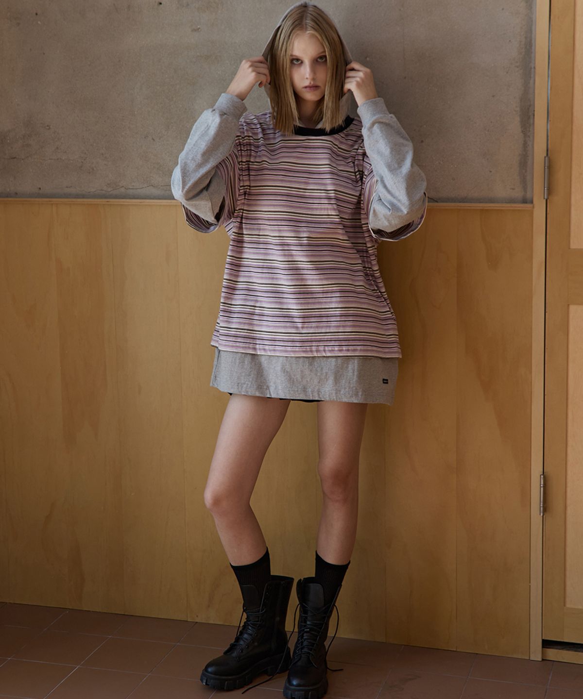 렌세(RENSE) Oversized Stripe Layered Hood Tee Purple
