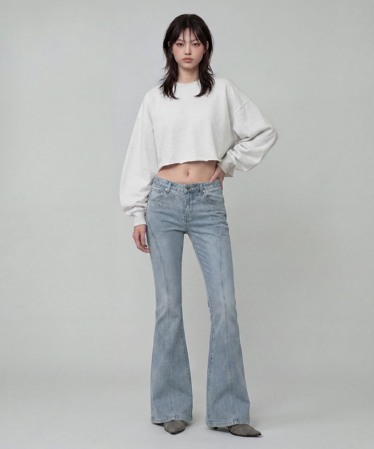 버던트(VERDNT) 인시젼 아일렛 플레어 데님 팬츠 [미디엄 블루]