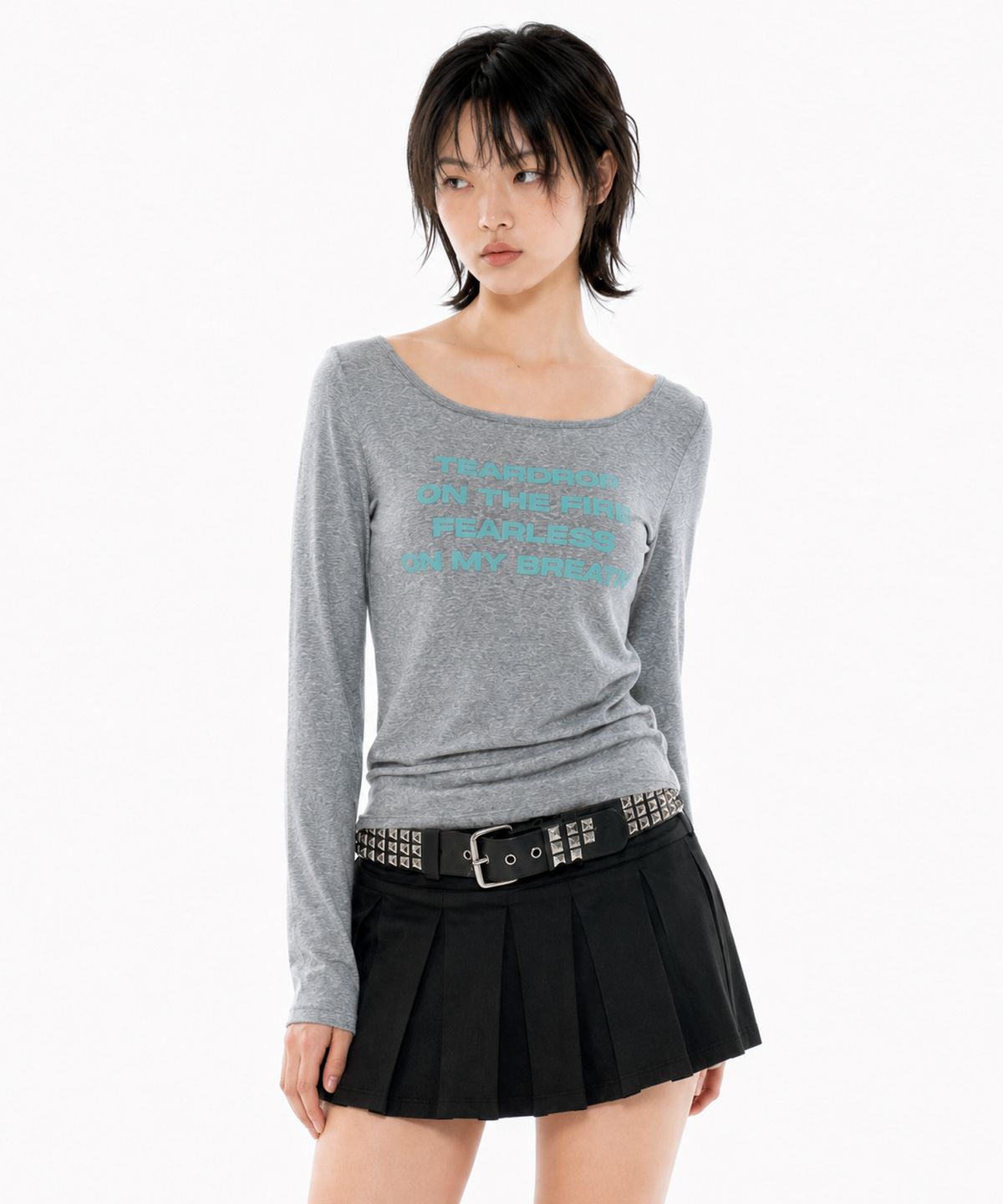 러닝하이(RUNNINGHIGH) 레터링 슬림 L/S 티 [멜란지 그레이]