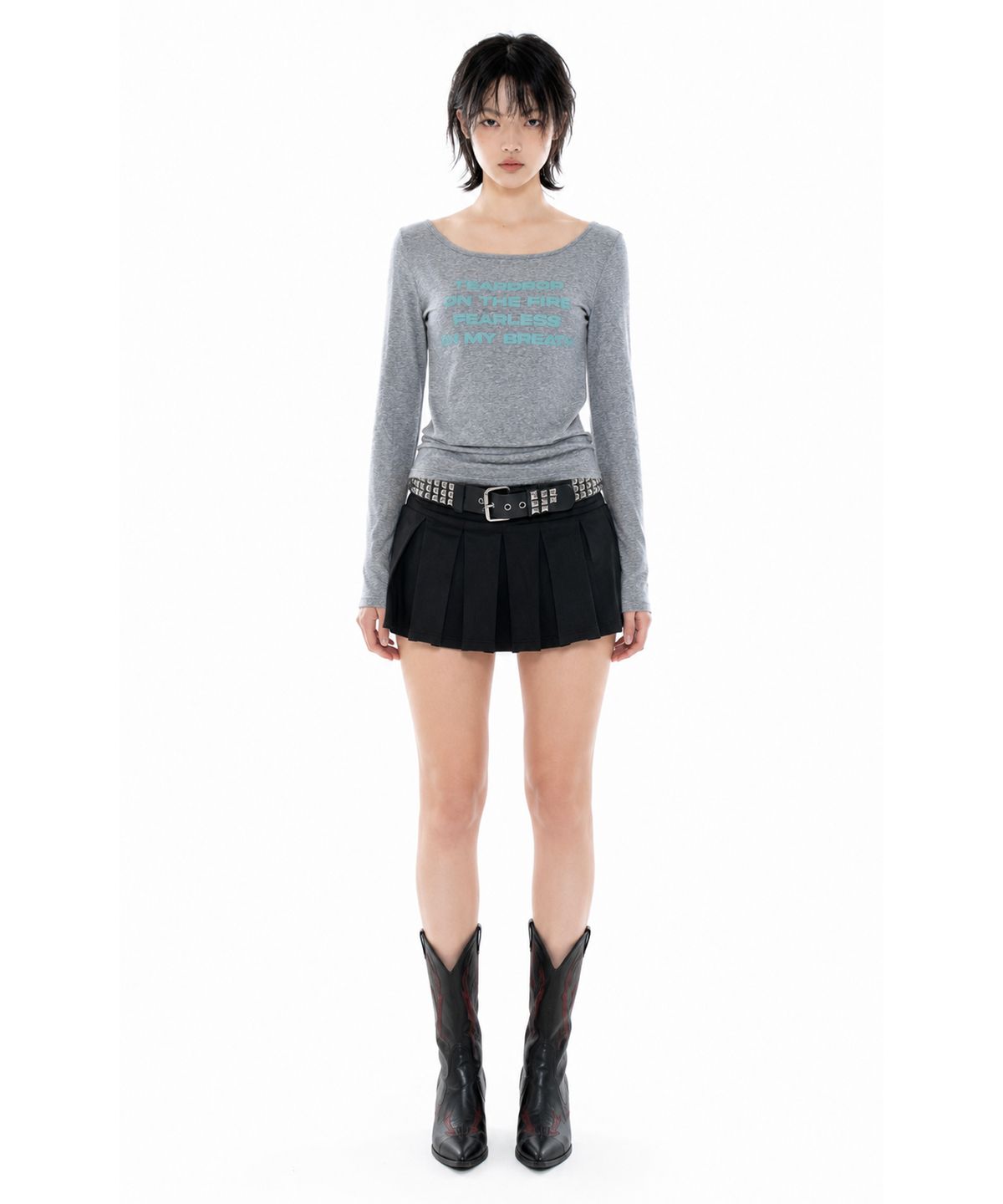 러닝하이(RUNNINGHIGH) 레터링 슬림 L/S 티 [멜란지 그레이]
