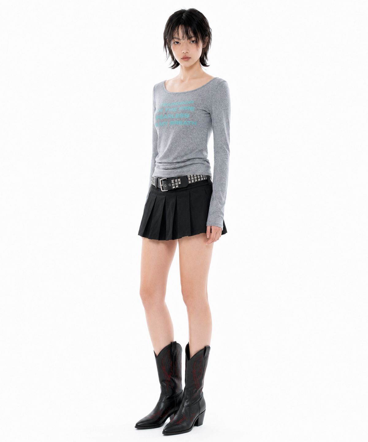러닝하이(RUNNINGHIGH) 레터링 슬림 L/S 티 [멜란지 그레이]
