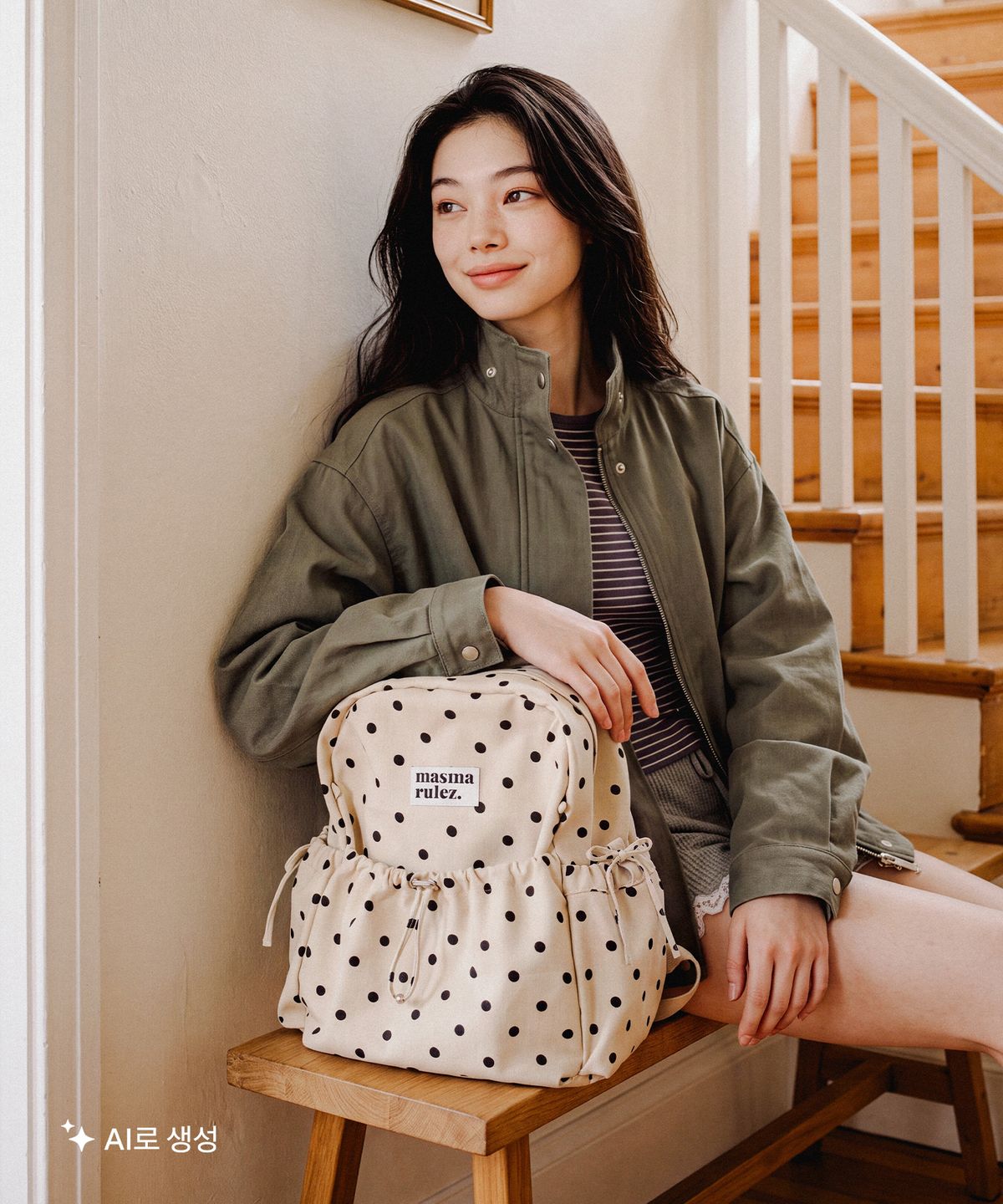 마스마룰즈(MASMARULEZ) mini ver. Ribbon pocket backpack_Dot Beige