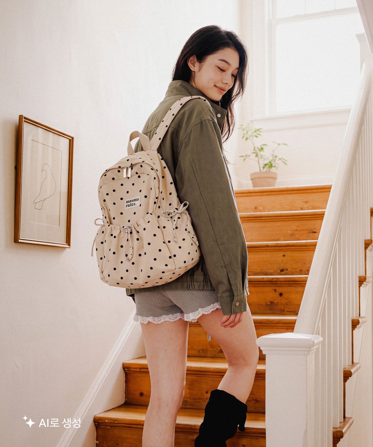 마스마룰즈(MASMARULEZ) mini ver. Ribbon pocket backpack_Dot Beige