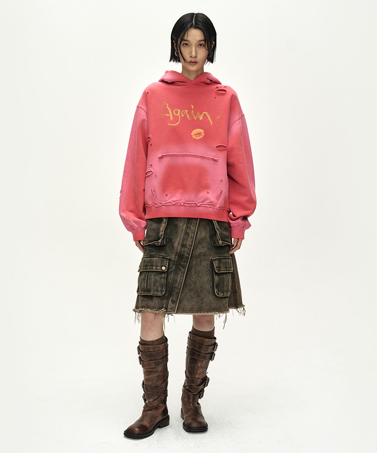 앤더슨벨(ADSB ANDERSSON BELL) (ESSENTIAL) UNISEX SPRAY WASHED AGAIN LIP HOODIE (RED)