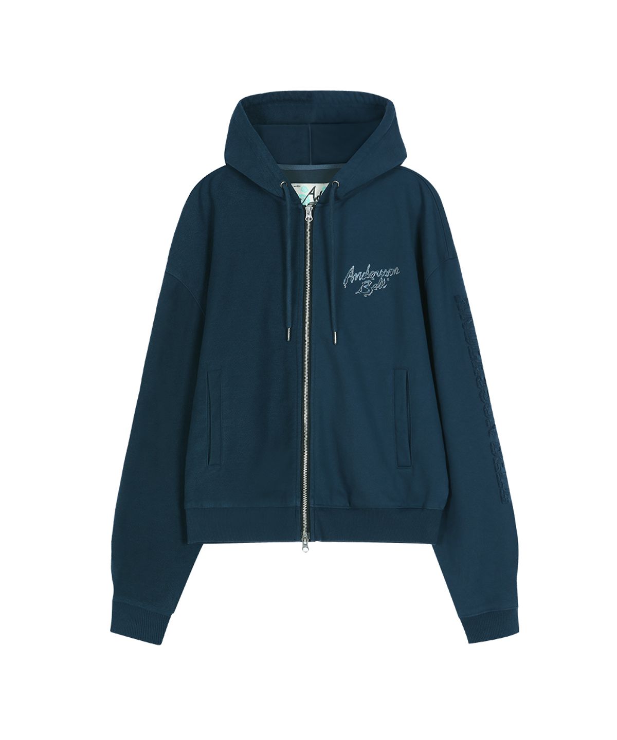 앤더슨벨(ADSB ANDERSSON BELL) (ESSENTIAL) UNISEX PATCHWORK LIQUID LOGO HOOD ZIP-UP (DEEP BLUE)