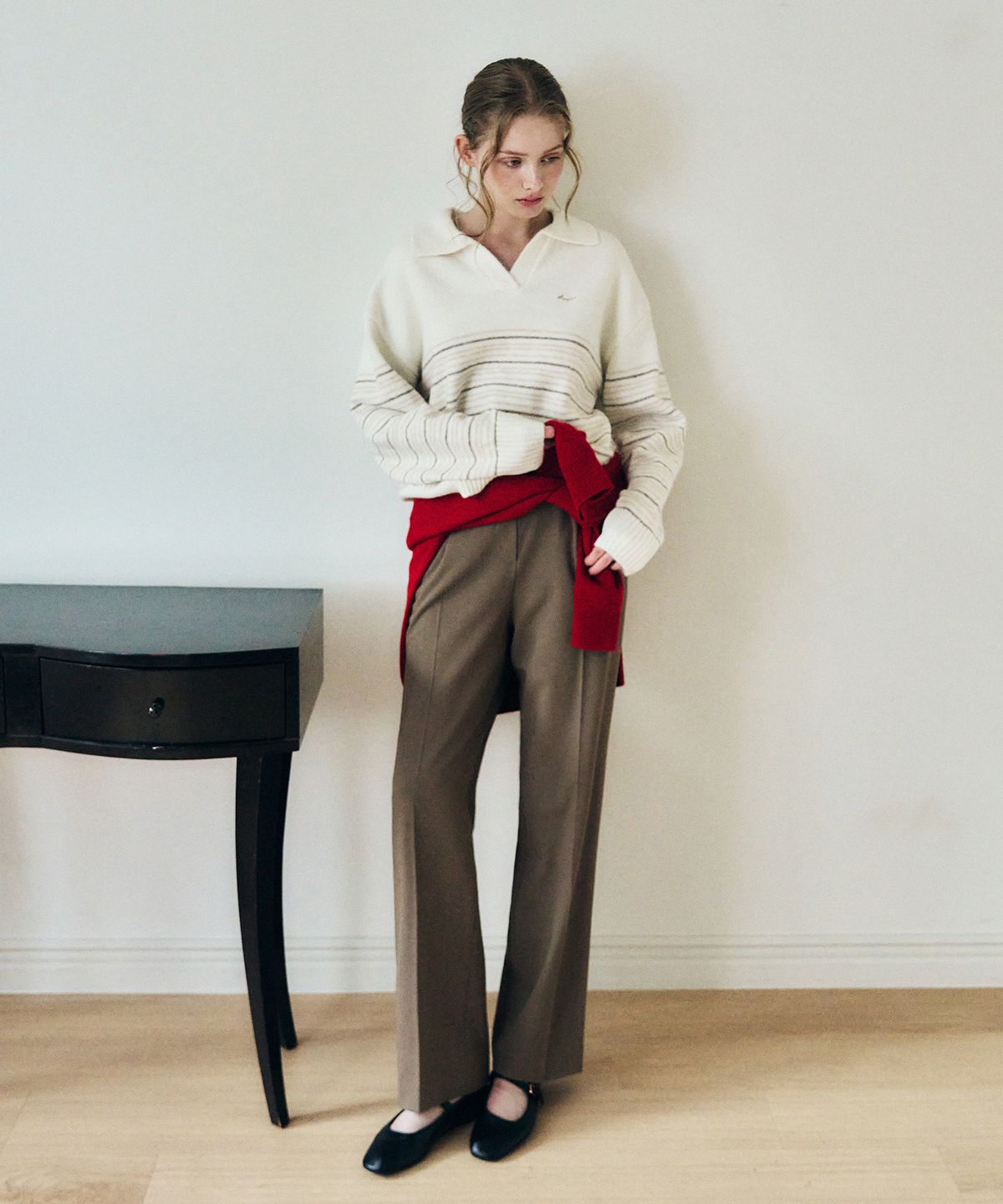 드로우핏 우먼(DRAWFIT WOMEN) 레인 스트라이프 카라 니트 [M.GREY]