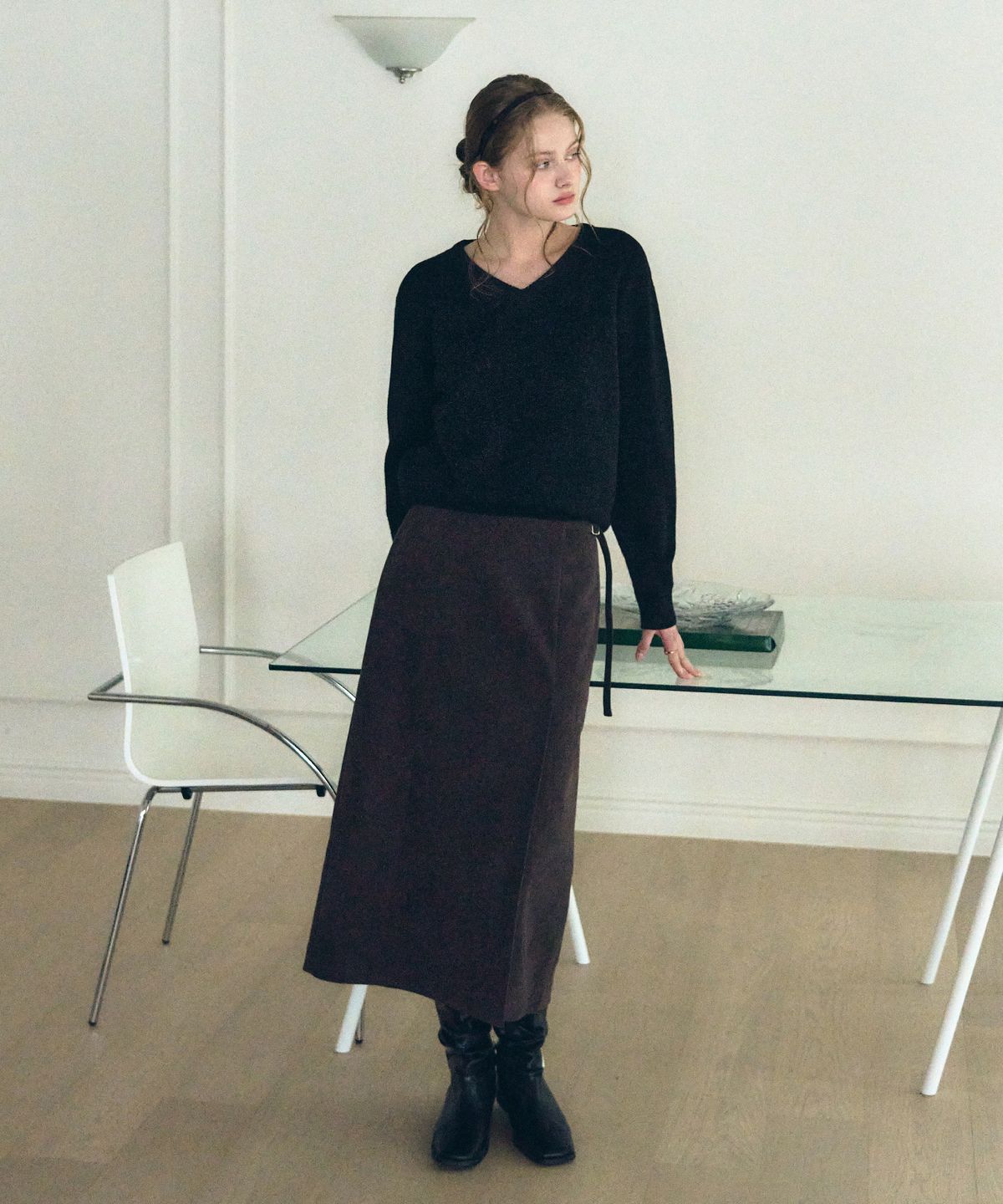드로우핏 우먼(DRAWFIT WOMEN) 에센셜 소프트 브이넥 니트 [M.GREY]