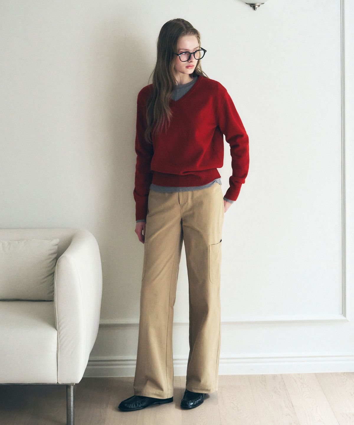드로우핏 우먼(DRAWFIT WOMEN) 에센셜 소프트 브이넥 니트 [M.GREY]