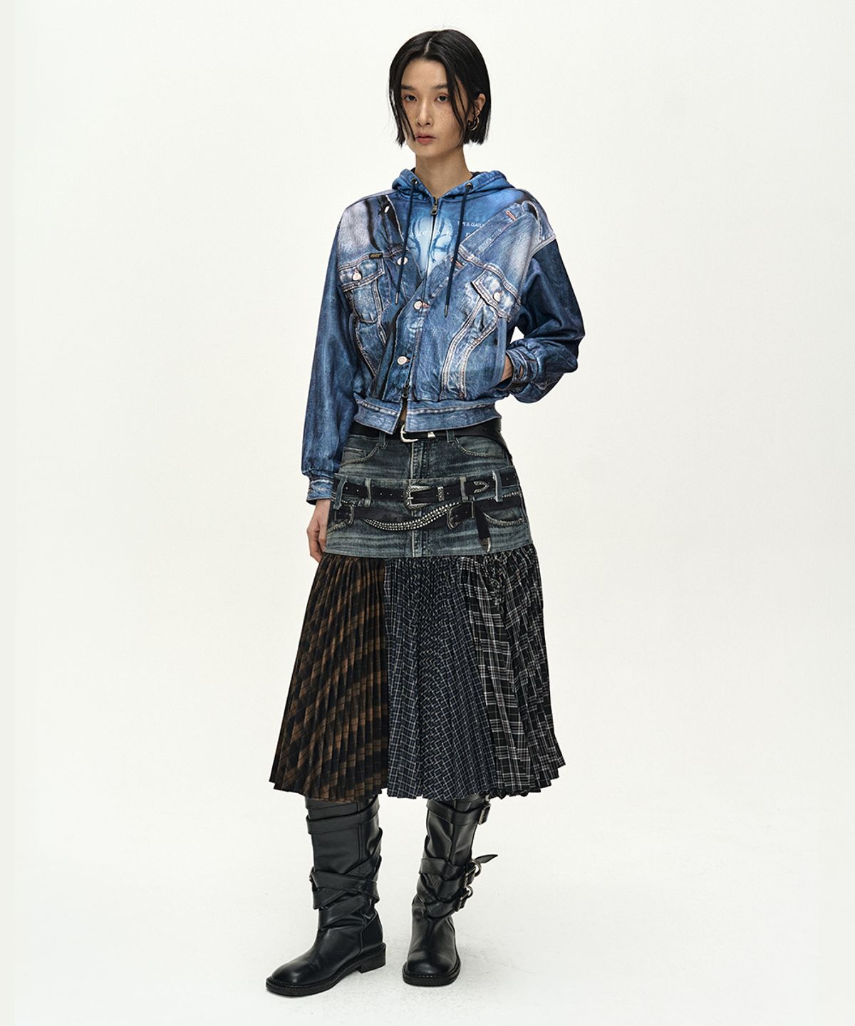 앤더슨벨(ADSB ANDERSSON BELL) DENIM LAYERED TROMPE LOEIL HOODIE (BLUE)