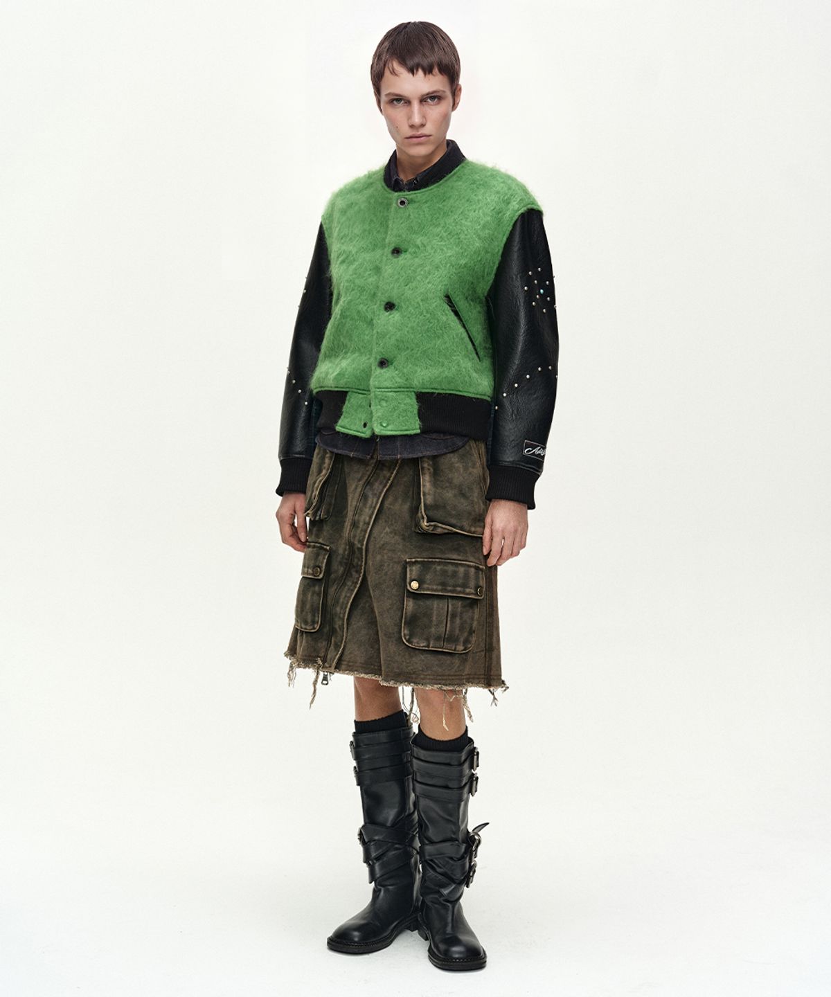 앤더슨벨(ADSB ANDERSSON BELL) LAWN HAIRY WOOL VARSITY JACKET (LICHEN GREEN)