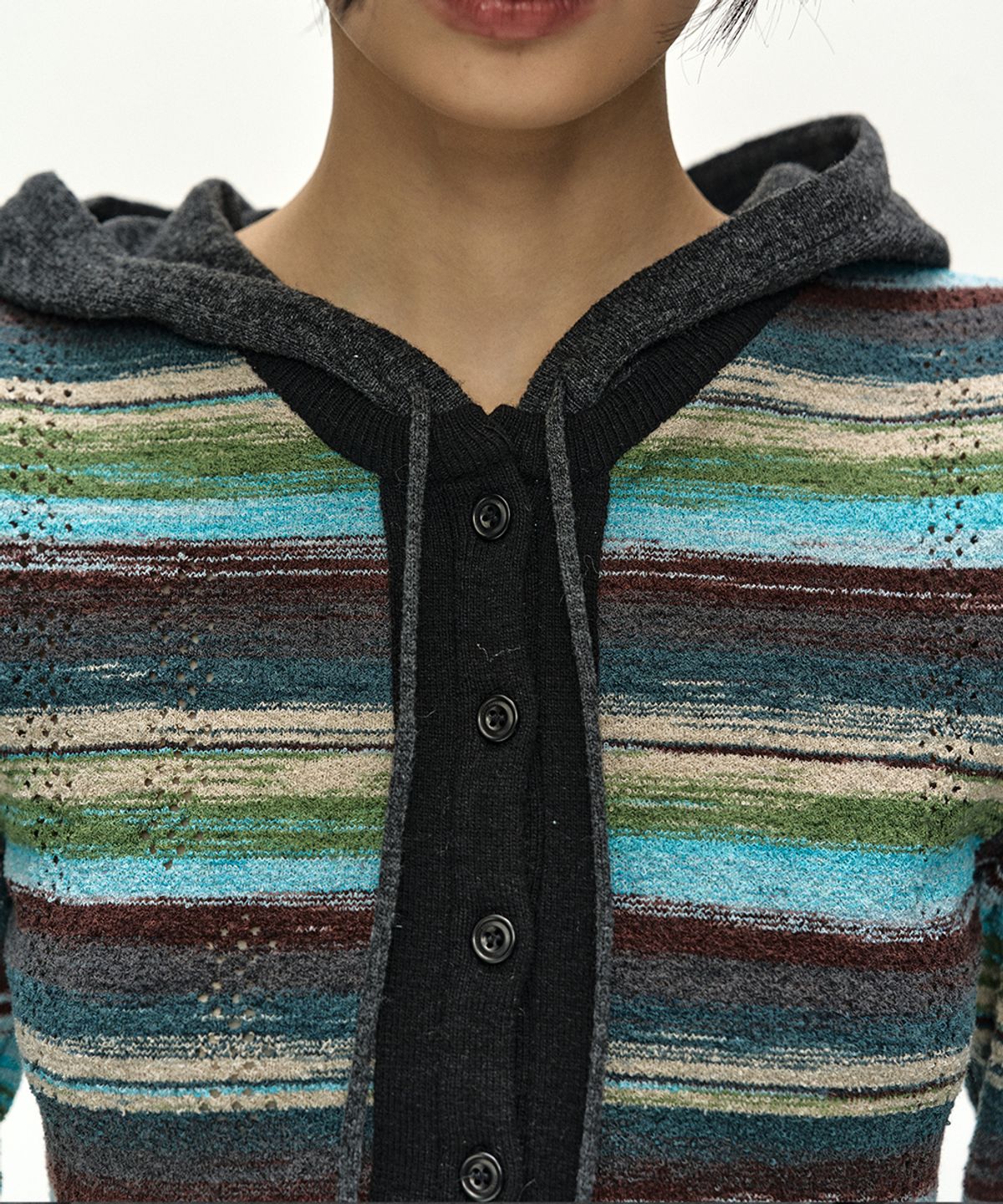 앤더슨벨(ADSB ANDERSSON BELL) LAYERED MULTI-STRIPE HOODED CARDIGAN (GREEN/BLUE)