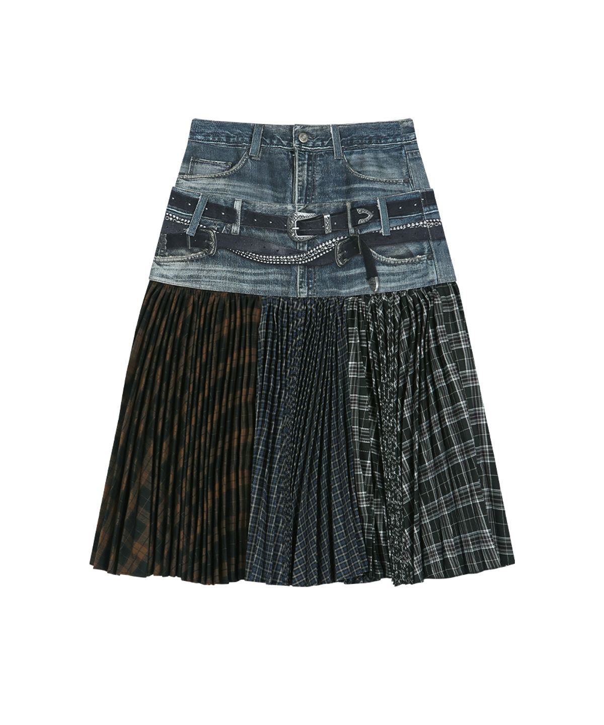 앤더슨벨(ADSB ANDERSSON BELL) DOUBLE BELT PRINTED ACCORDION PLEATS SKIRT (BLUE)