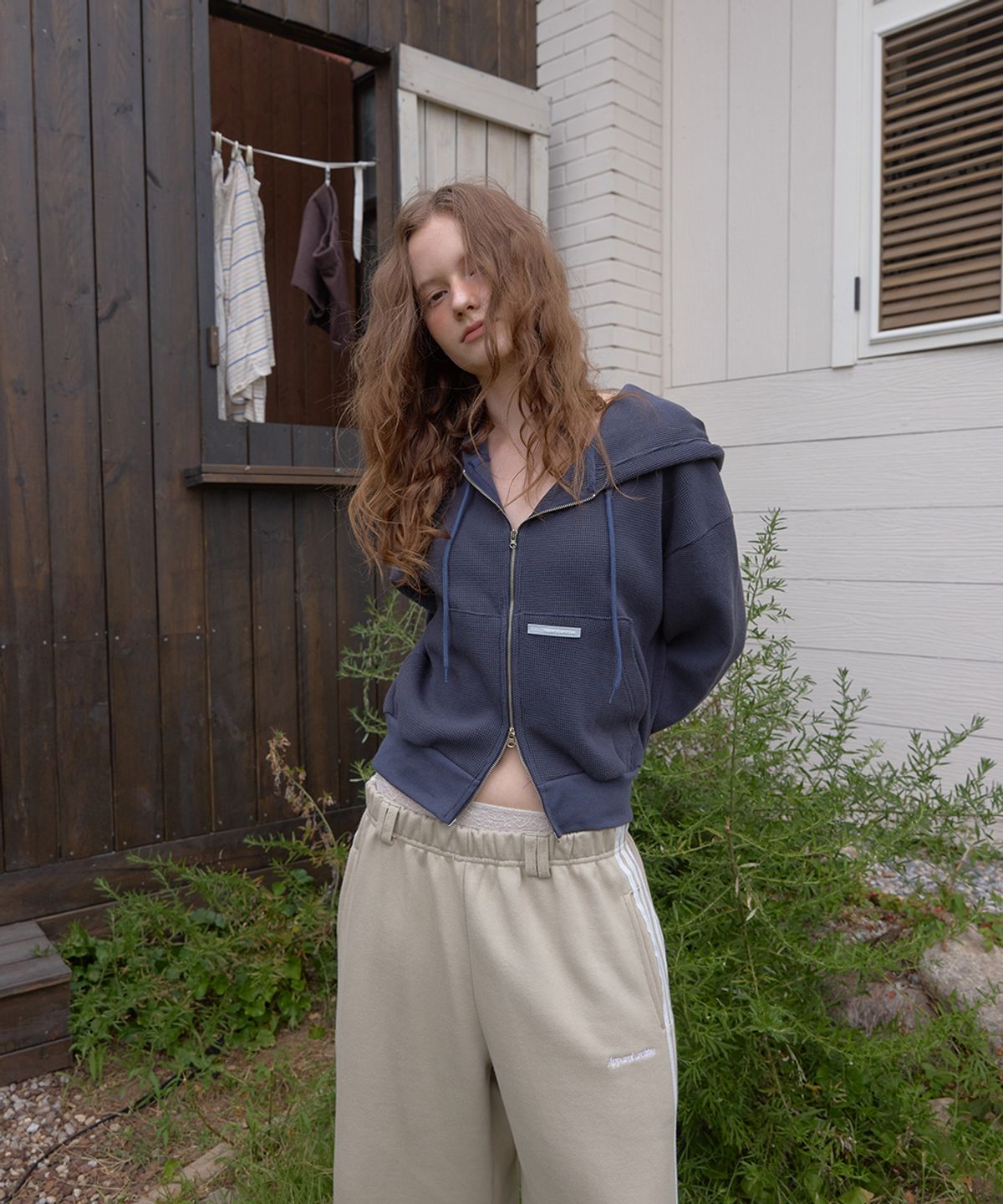 어패럴아카이브(APPAREL ARCHIVE) Slice waffle hoodie zip-up - Navy