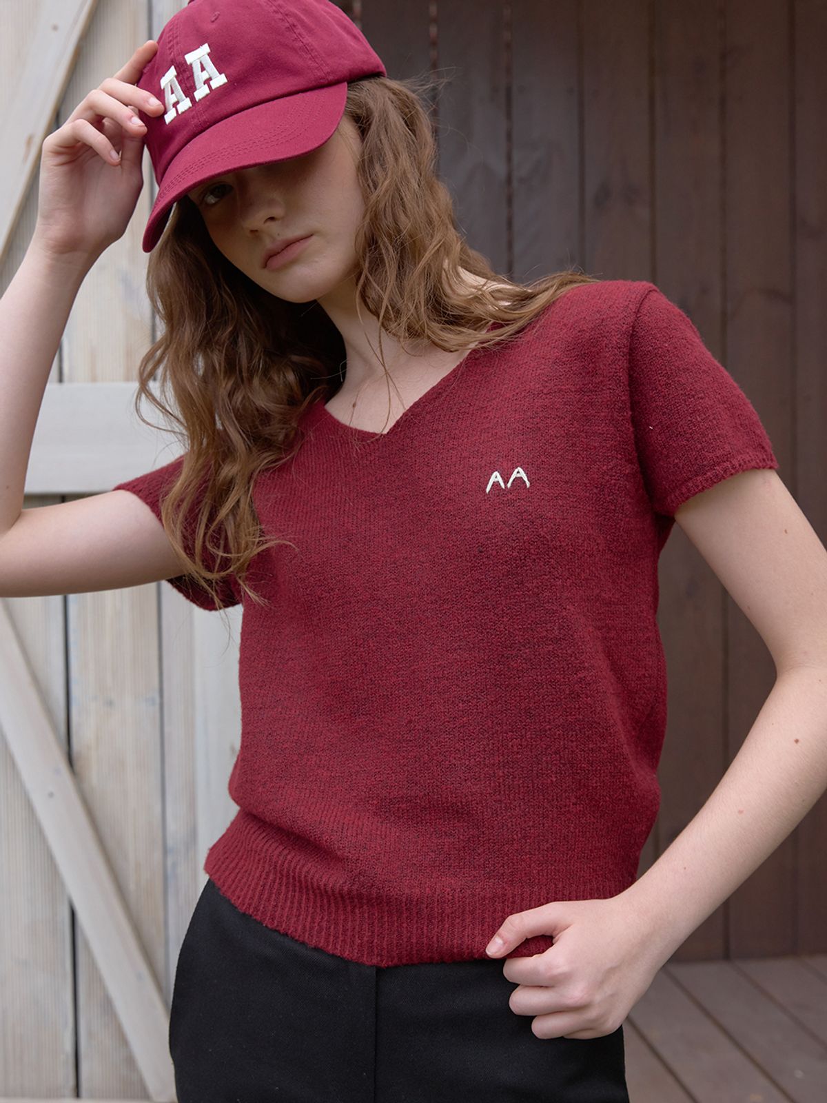 어패럴아카이브(APPAREL ARCHIVE) Rony half v knit - Burgundy
