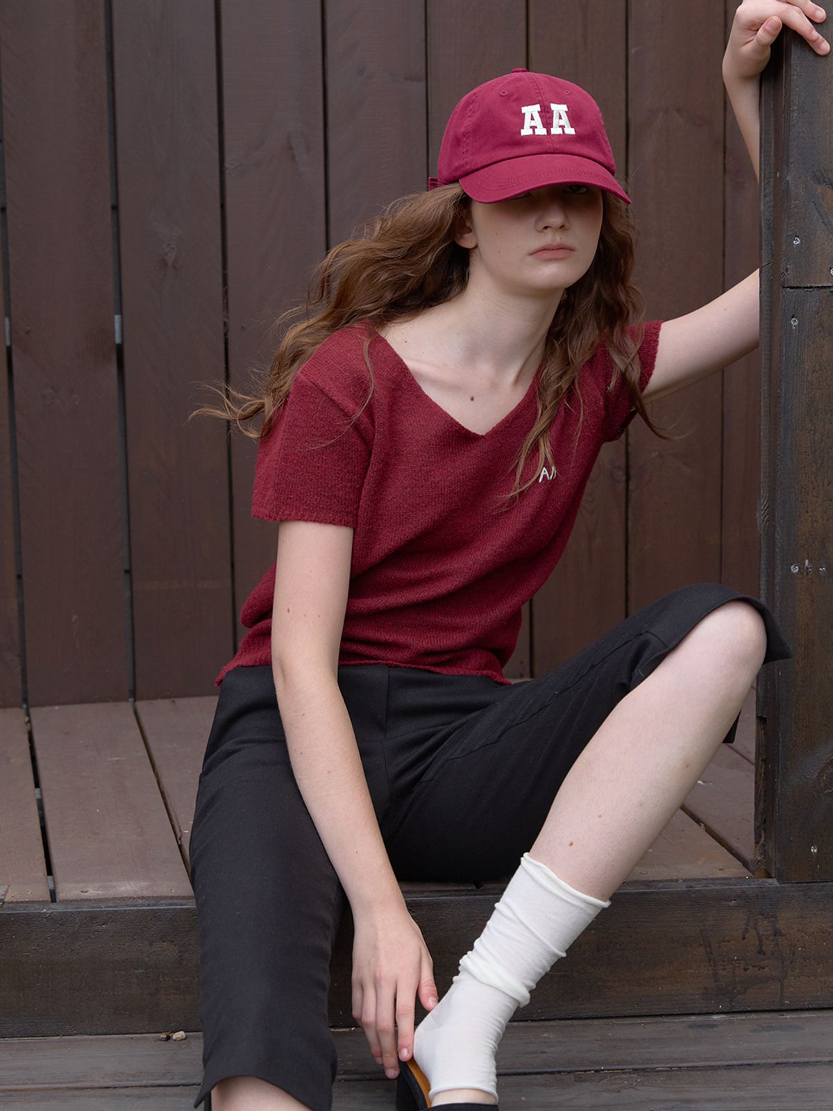 어패럴아카이브(APPAREL ARCHIVE) Rony half v knit - Burgundy