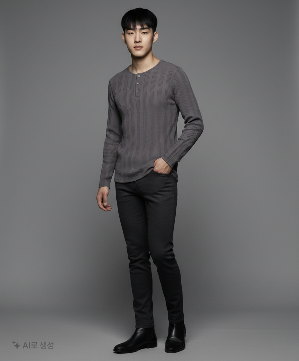 무신사 스탠다드(MUSINSA STANDARD) 멀티 리브드 헨리 넥 긴소매 티셔츠 [건메탈] L
