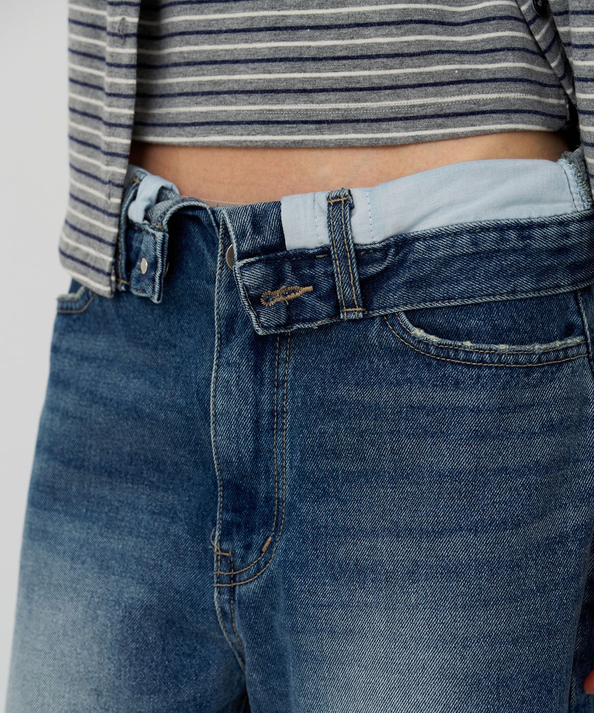 스르비(SELEVER) Fold Over Wide Denim Pants