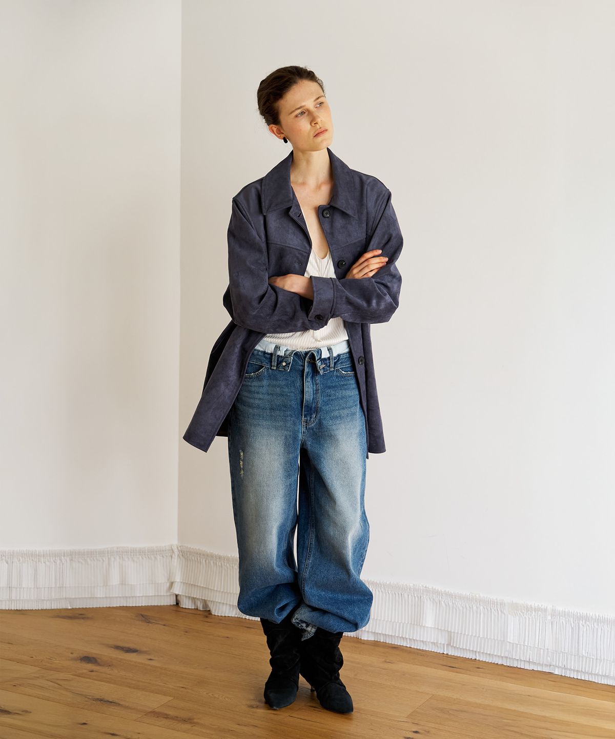 스르비(SELEVER) Fold Over Wide Denim Pants