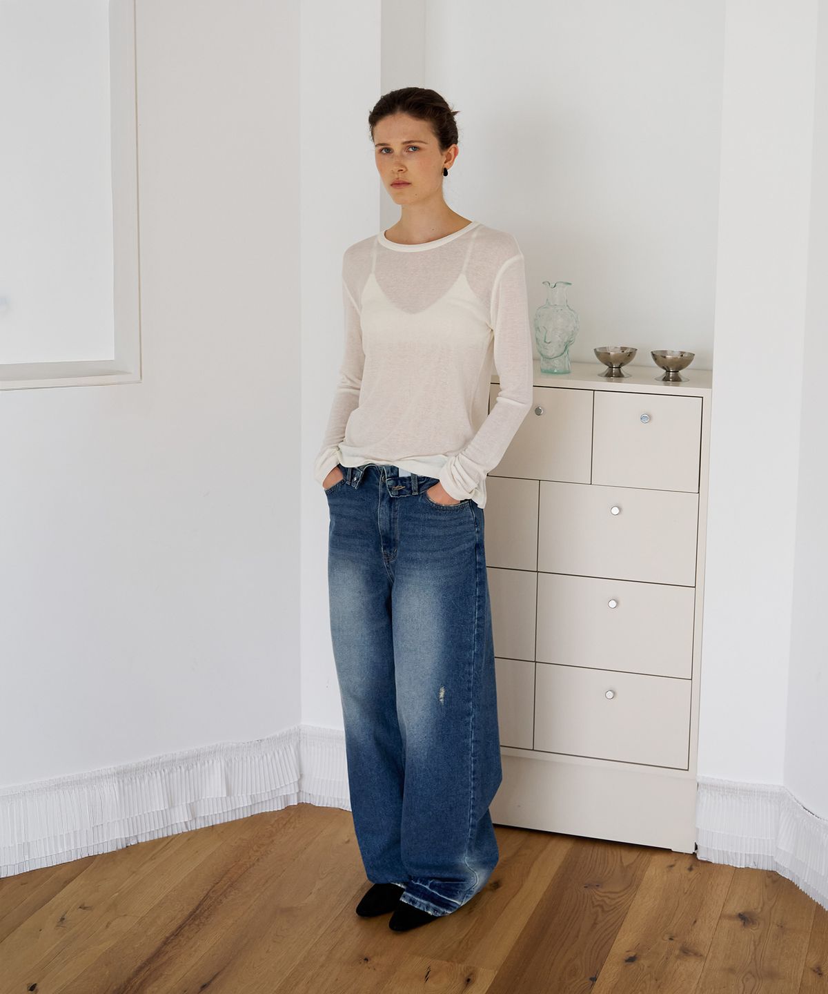 스르비(SELEVER) Fold Over Wide Denim Pants