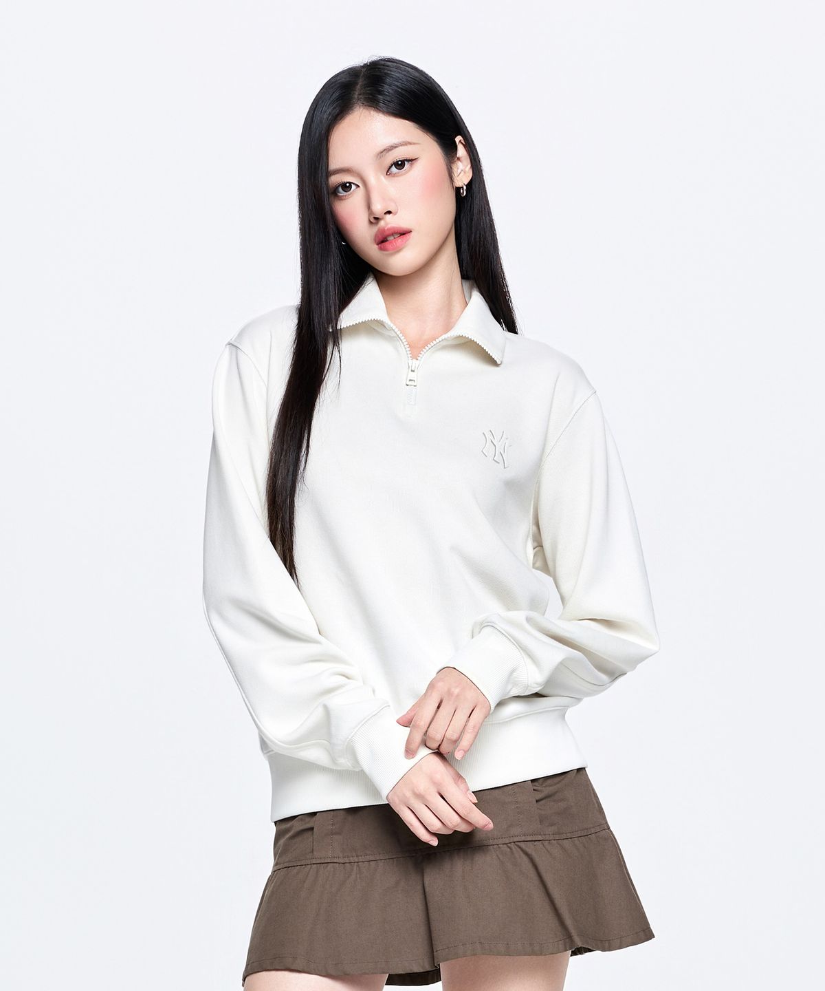 엠엘비(MLB) 베이직 스몰로고 반집업 맨투맨 NY (Cream)