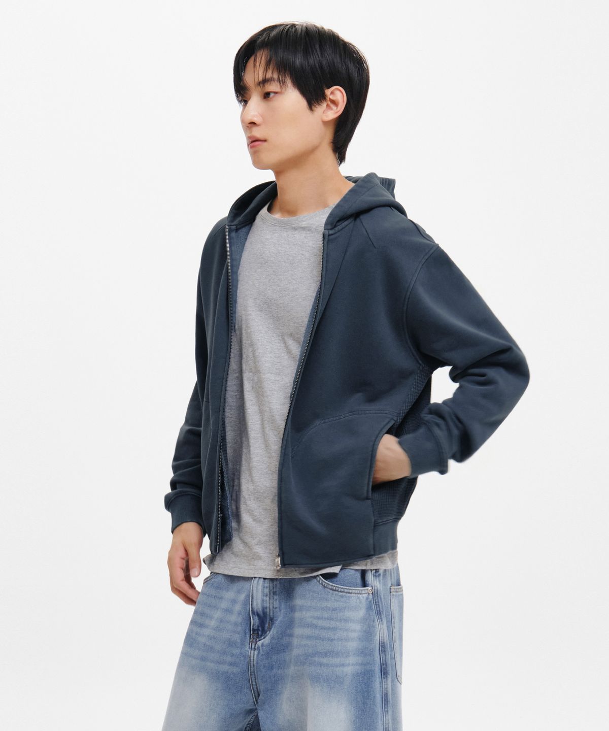 인템포무드(INTEMPOMOOD) 로우 워시드 집업 후디_더스티네이비