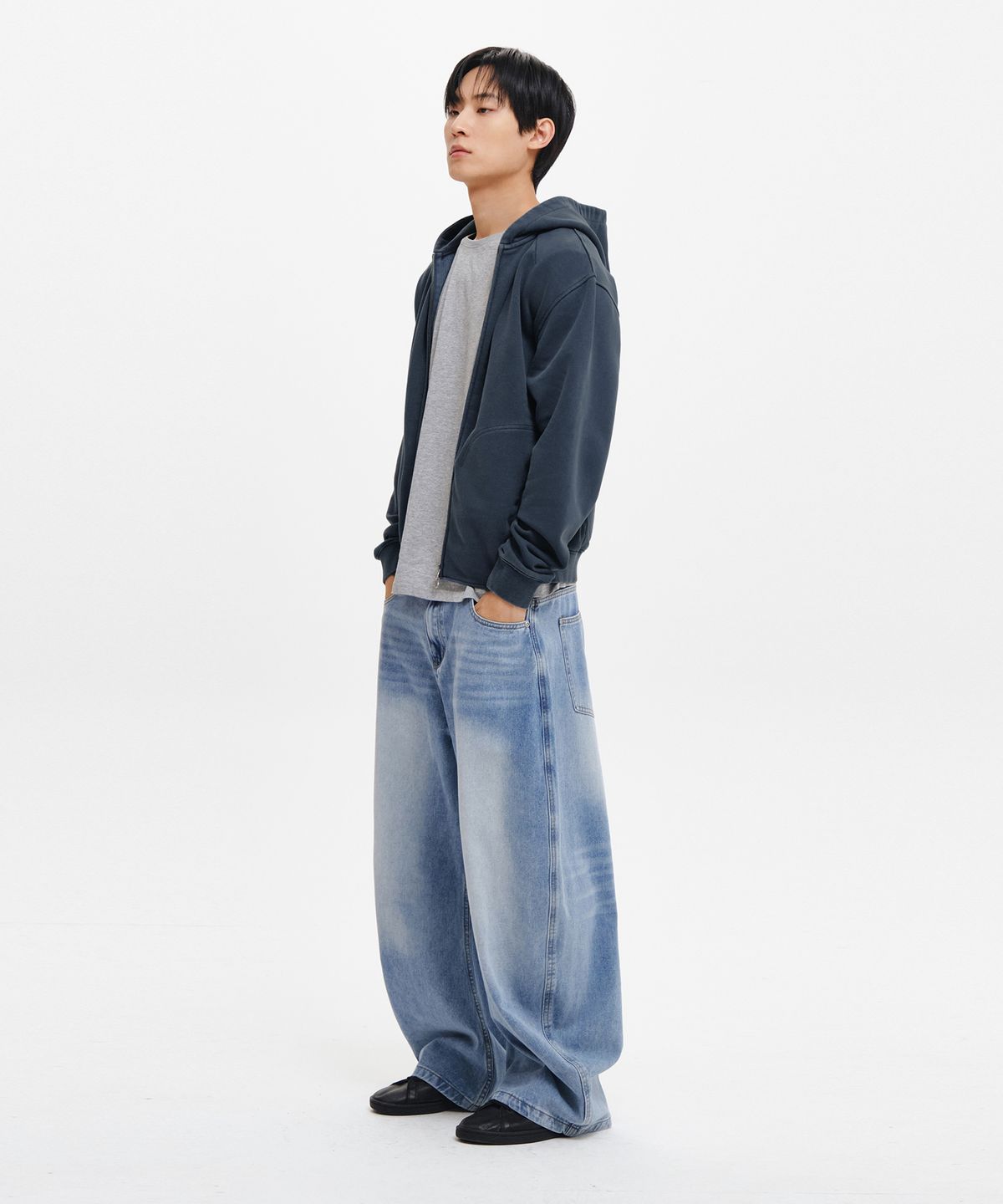 인템포무드(INTEMPOMOOD) 로우 워시드 집업 후디_더스티네이비