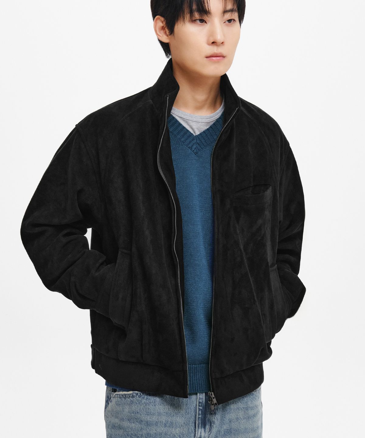 인템포무드(INTEMPOMOOD) 하이넥 스웨이드 재킷_블랙