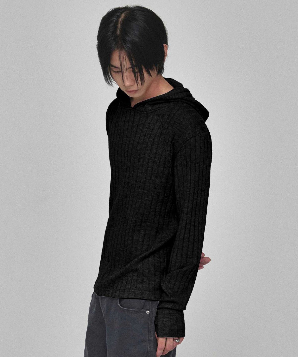 기철(KICHUL) Cozy Ribbed Knit Hoodie (Black)