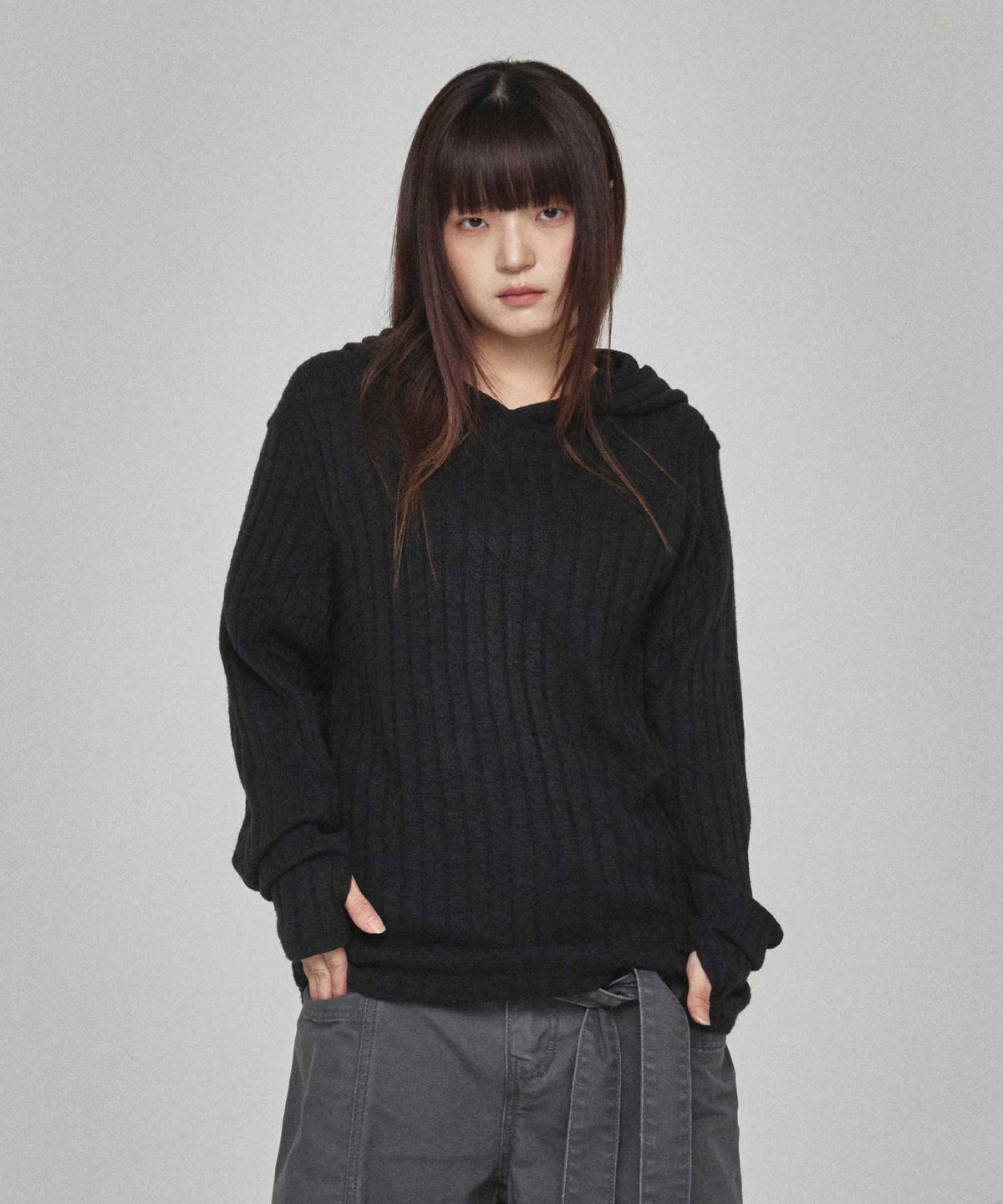 기철(KICHUL) Cozy Ribbed Knit Hoodie (Black)