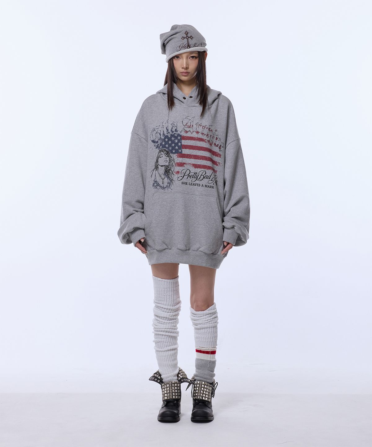 길라아카이브(GILAARCHIVE) USA LOGO GIRL OVER SIZE HOODED_GREY