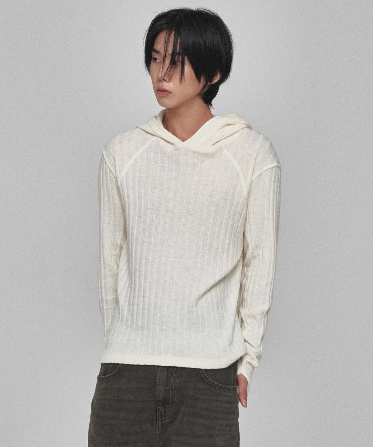 기철(KICHUL) Cozy Ribbed Knit Hoodie (Ivory)