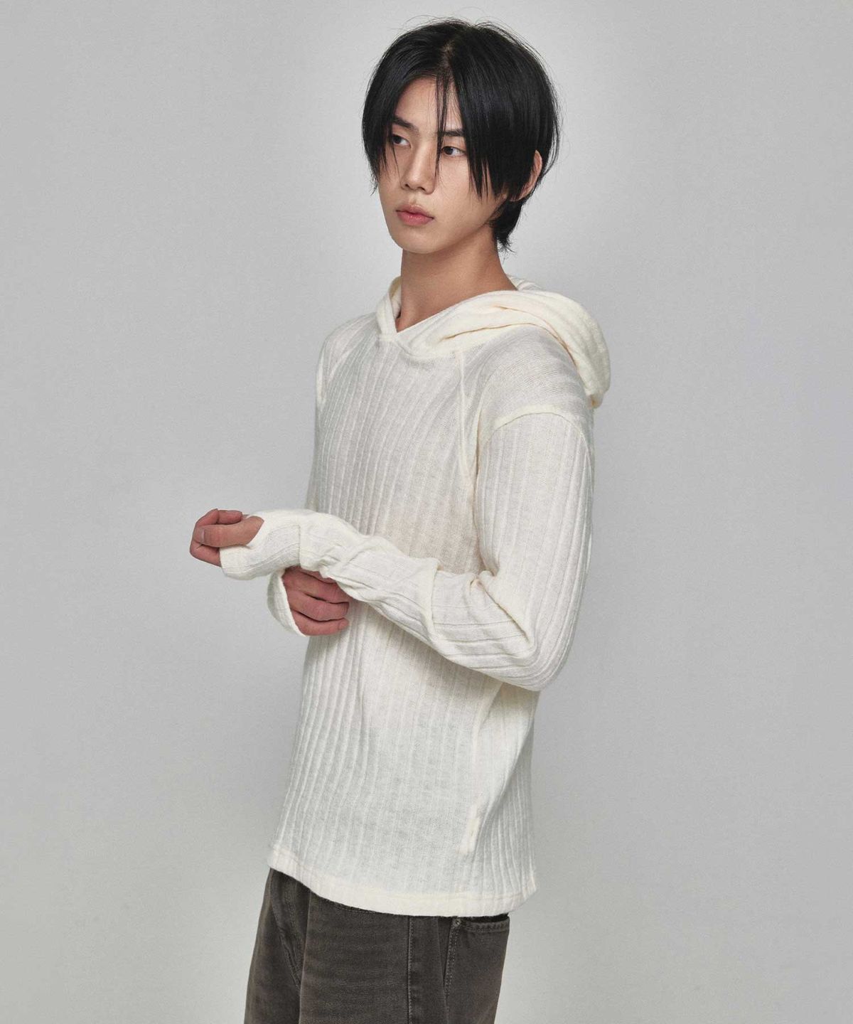 기철(KICHUL) Cozy Ribbed Knit Hoodie (Ivory)