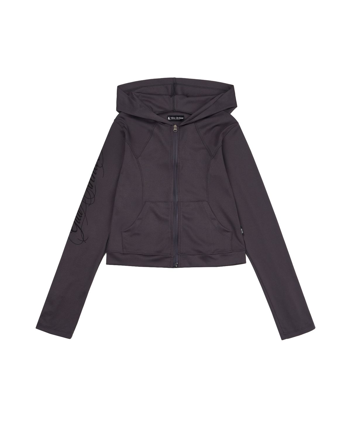 길라아카이브(GILAARCHIVE) SIDE LETTERING LOGO CROP HOOD ZIP-UP_CHARCOAL