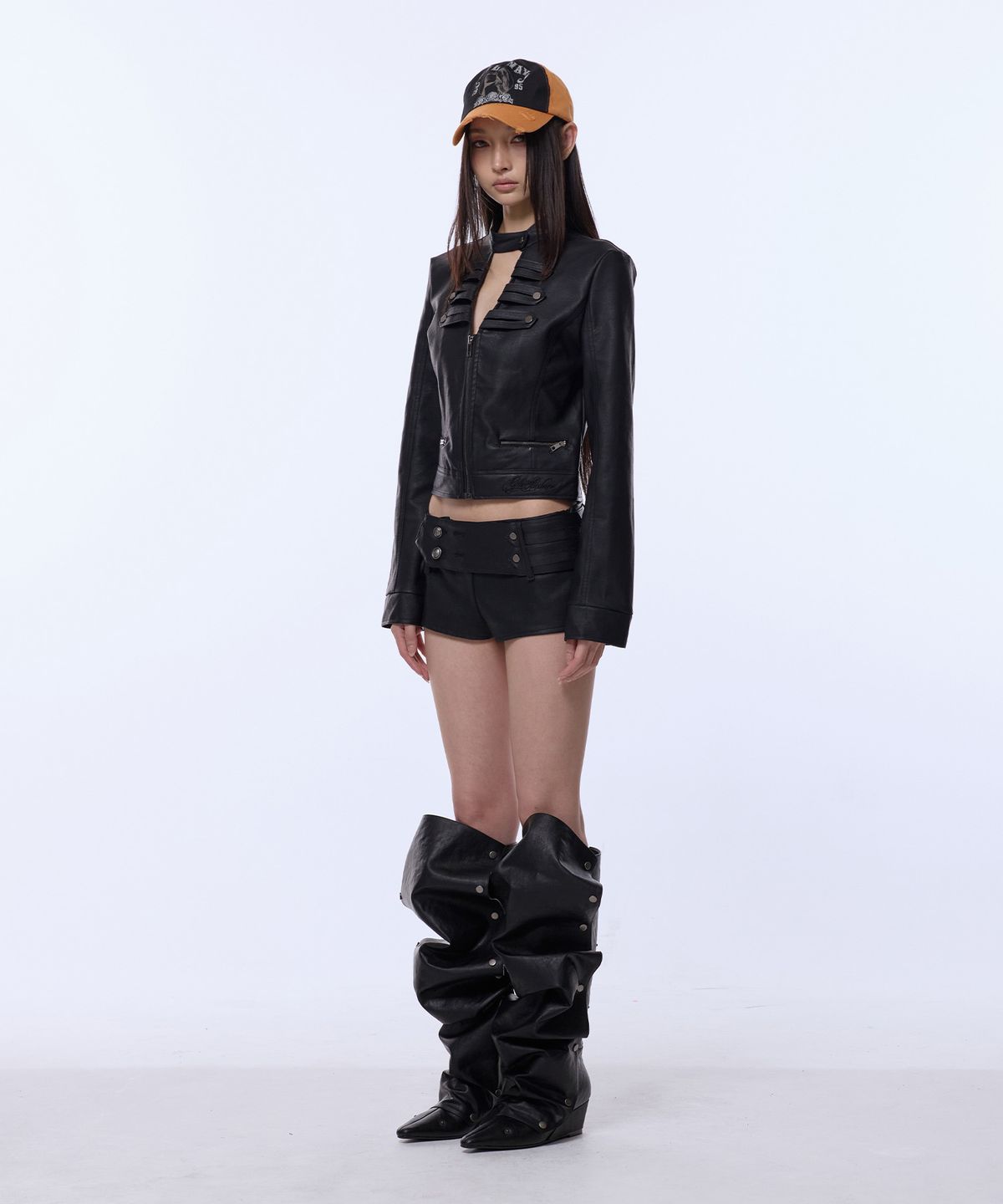 길라아카이브(GILAARCHIVE) CHOKER NAPOLEON CROP LEATHER JACKET_BLACK
