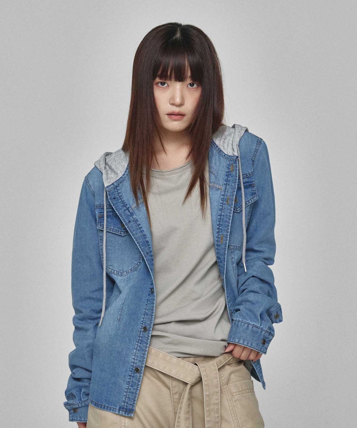기철(KICHUL) Hooded Denim Shirt (Washed Blue)