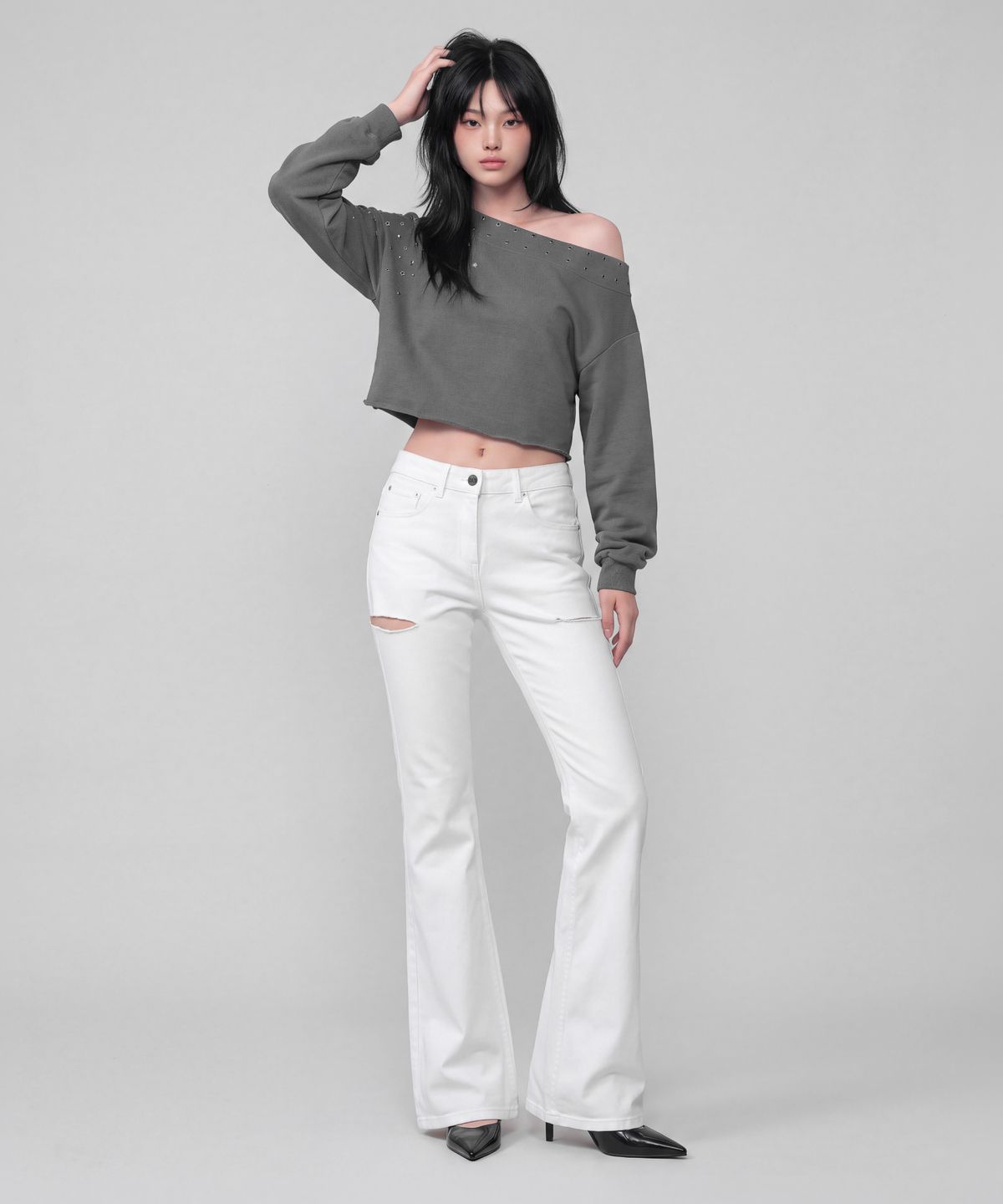 버던트(VERDNT) 디스트레스드 플레어 데님 팬츠 [화이트]