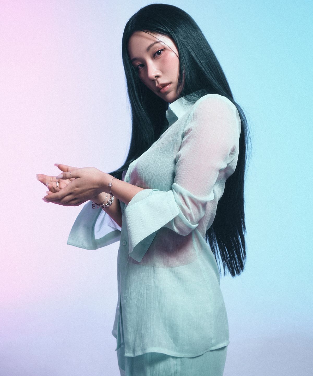 시데라(SIDERA) Whisper Glitter Sheer Shirt [Mint]